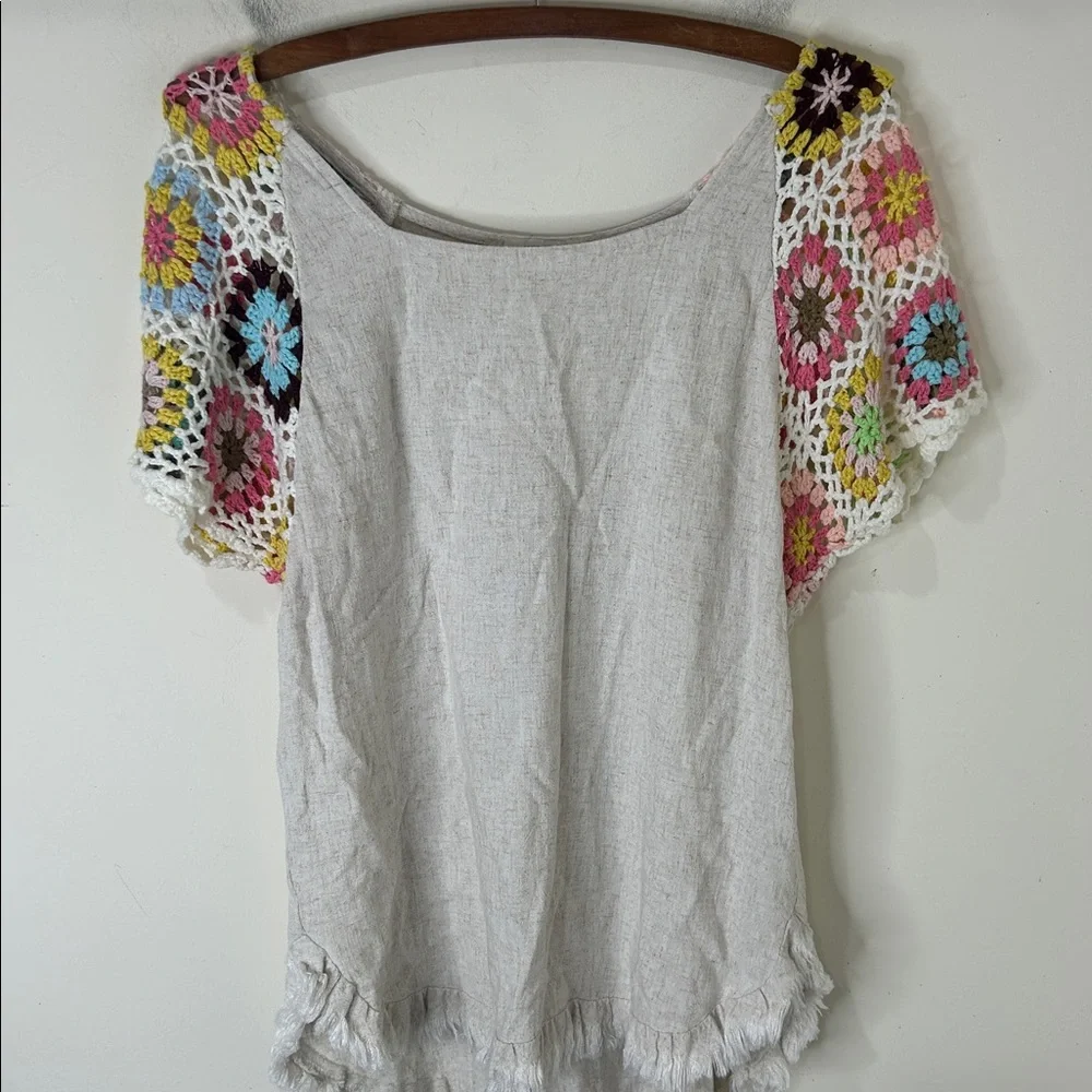 UMGEE Frayed Hem Linen Blend Colorful Crochet Sleeve Boho Tunic Top Size Small - Picture 14 of 14